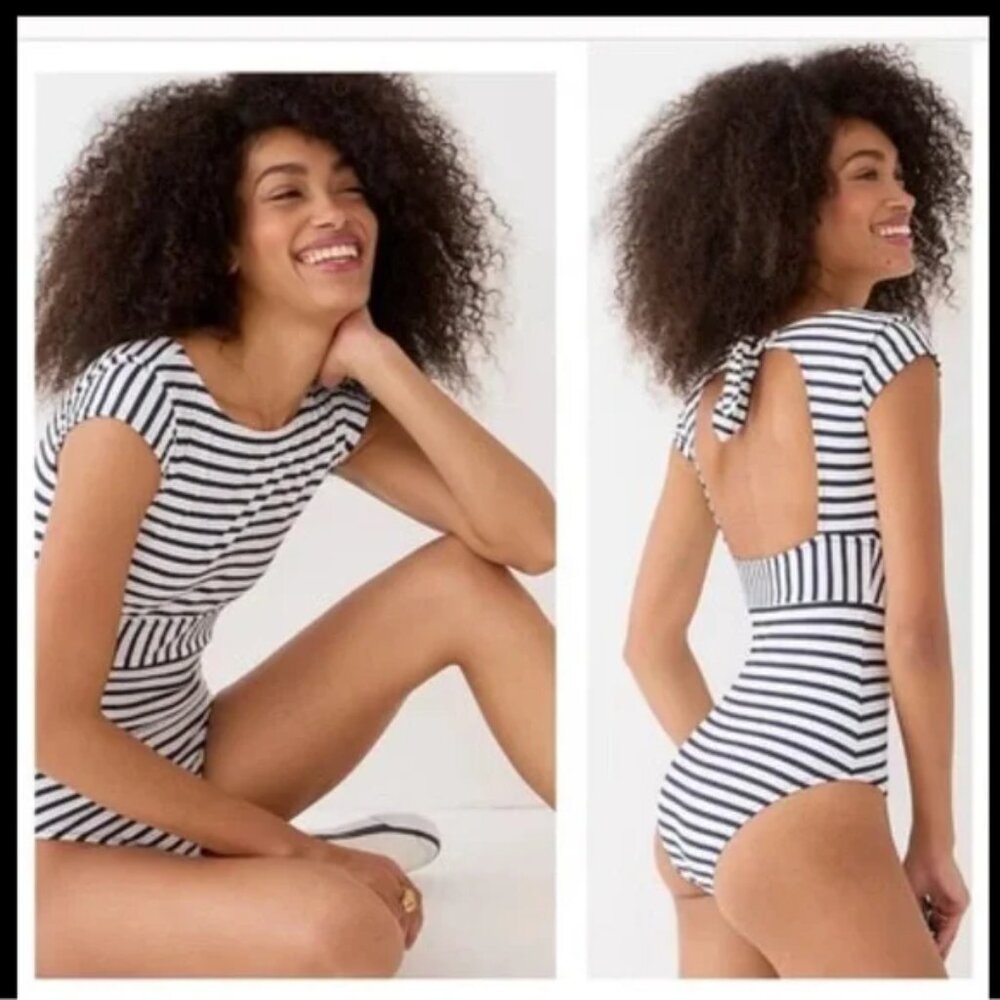 J. Crew Size 18 One-Piece Swimsuit Cap Sleeve Blue White Stripe Nautical - Picture 2 of 5